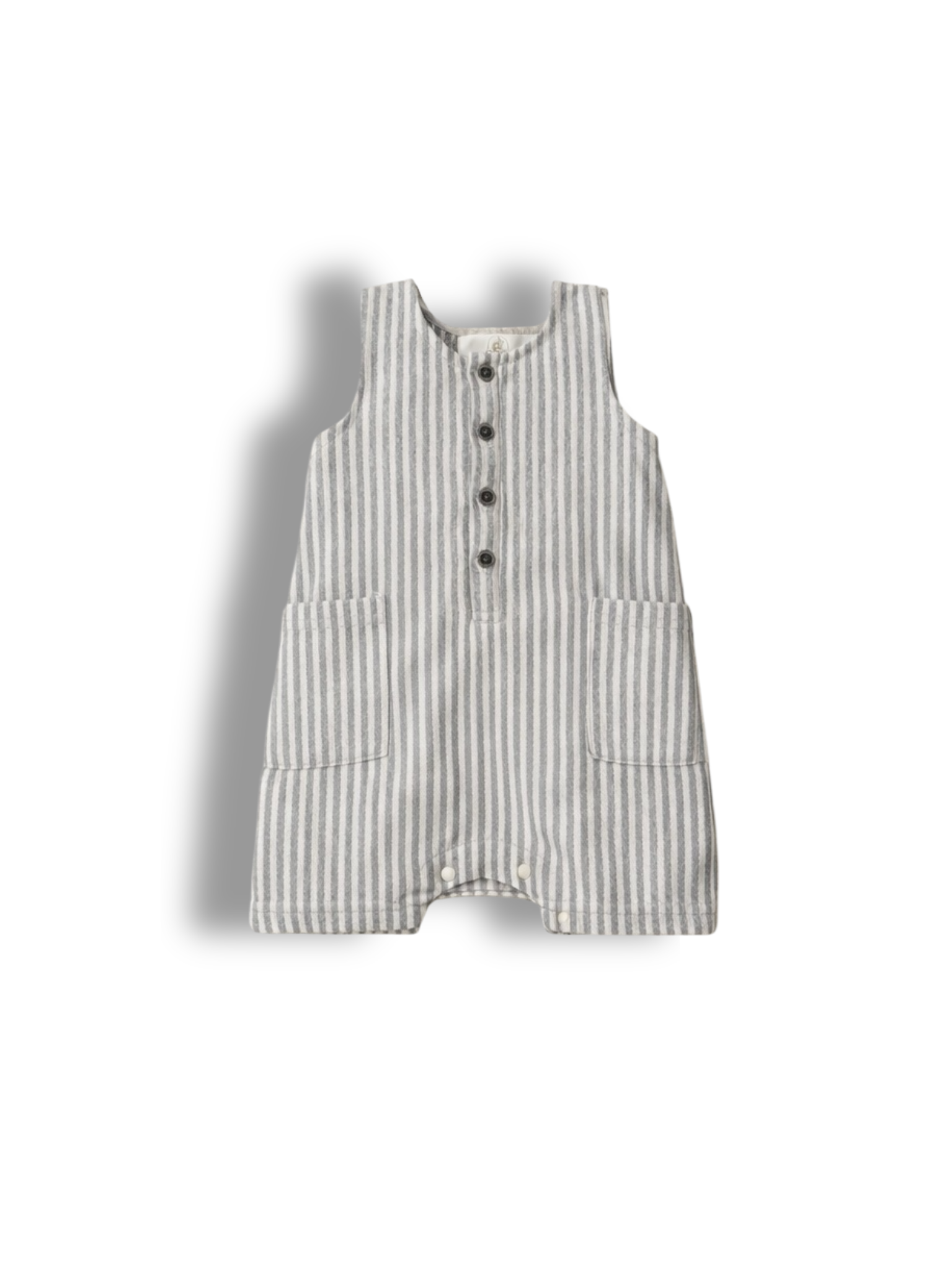 Blue gray pinStriped baby boy romper 100% cotton with buttons on a white background