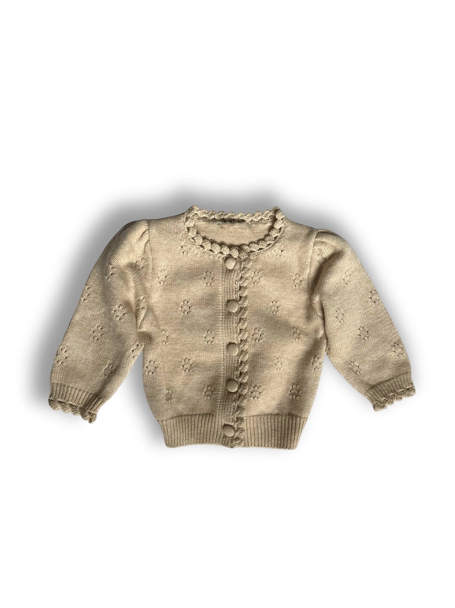 Apricot tan soft and thick cardigan with buttons, pointelle design. 