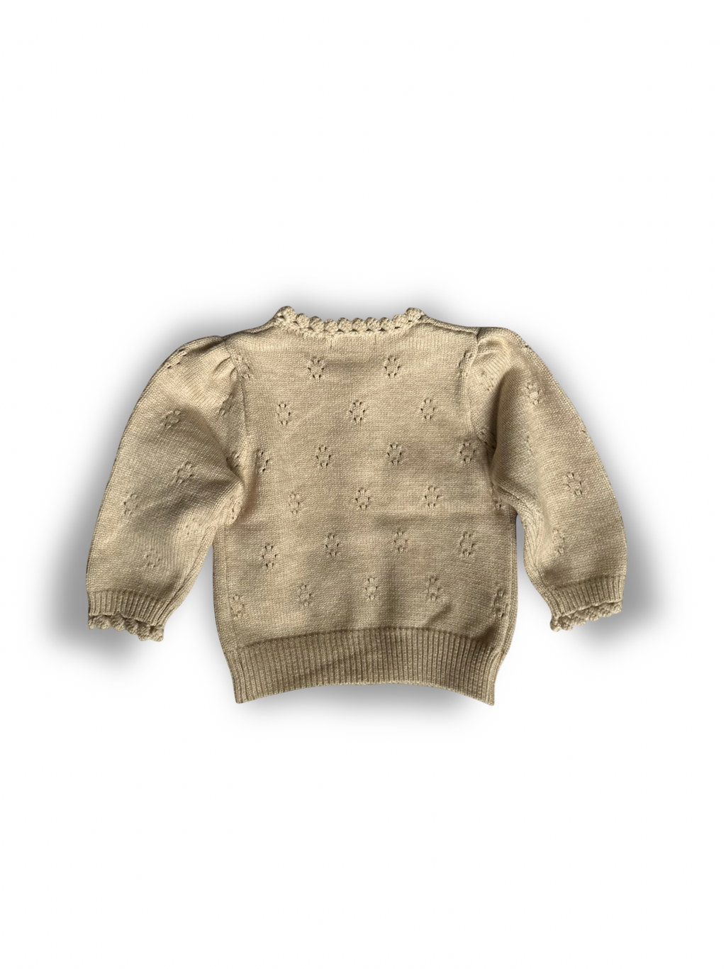 Baby girl Apricot tan soft and thick cardigan with buttons, pointelle design, back. 