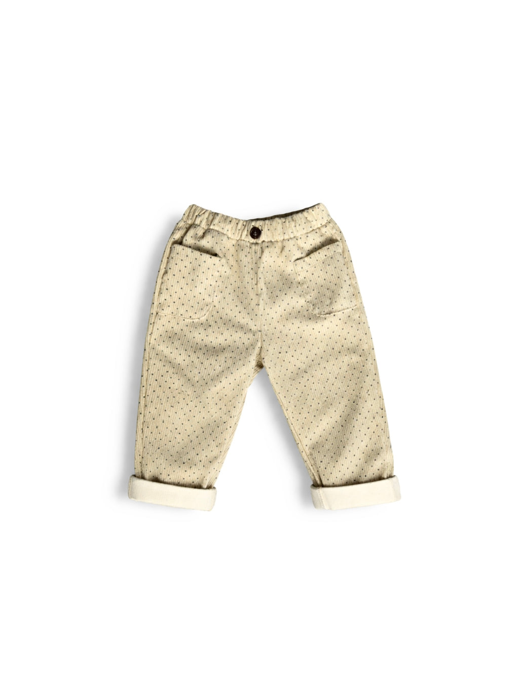 Beige and black polka dot corduroy pants on a white background