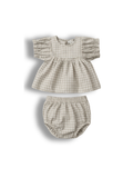 100% cotton Baby outfit with tan gingham top and bloomers on a white background
