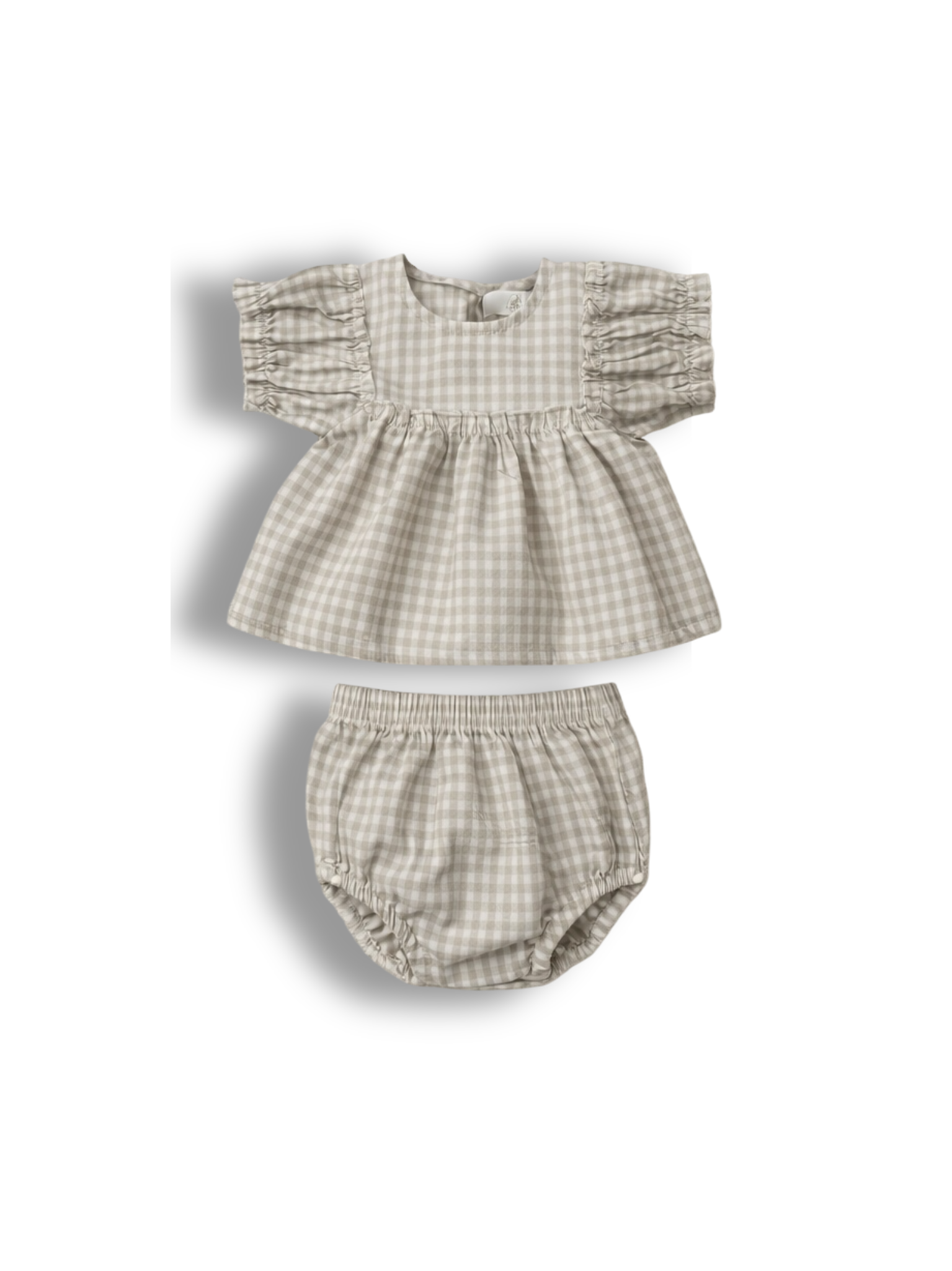 100% cotton Baby outfit with tan gingham top and bloomers on a white background