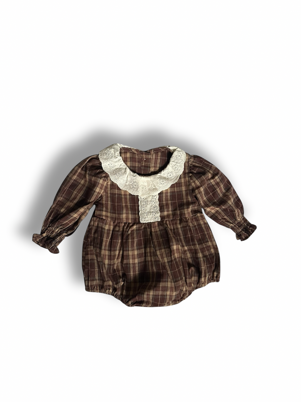 100% cotton Brownish plaid bubble romper with lace front and collar. 