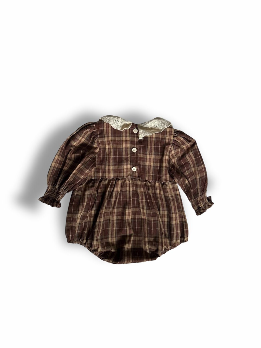 Back of 100% cotton Brownish plaid bubble romper with lace front and collar, buttons in back. 