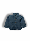 Medium to dark wash denim shirt, long sleeve, collar, buttons, 100% cotton. 