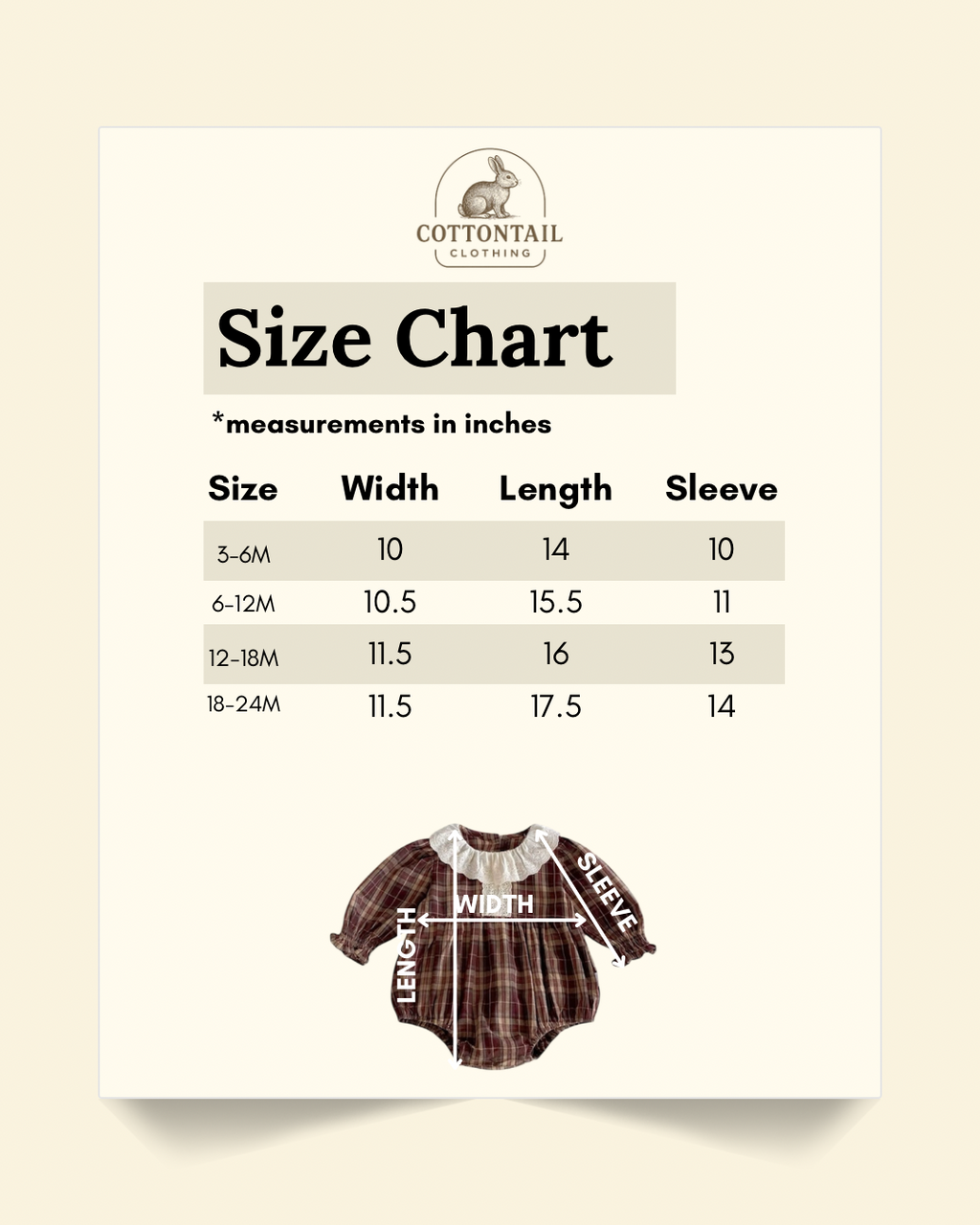 Size chart in inches of brown plaid jumpsuit: 3-6 months. Width: 10 length: 14 sleeve: 10. 

6-12 months: Width: 10.5, length: 15.5, sleeve: 11.

12-18 months. Width: 11.5, length: 16, sleeve: 13. 18-24 months: Width: 11.5, length: 17.5, sleeve: 14.