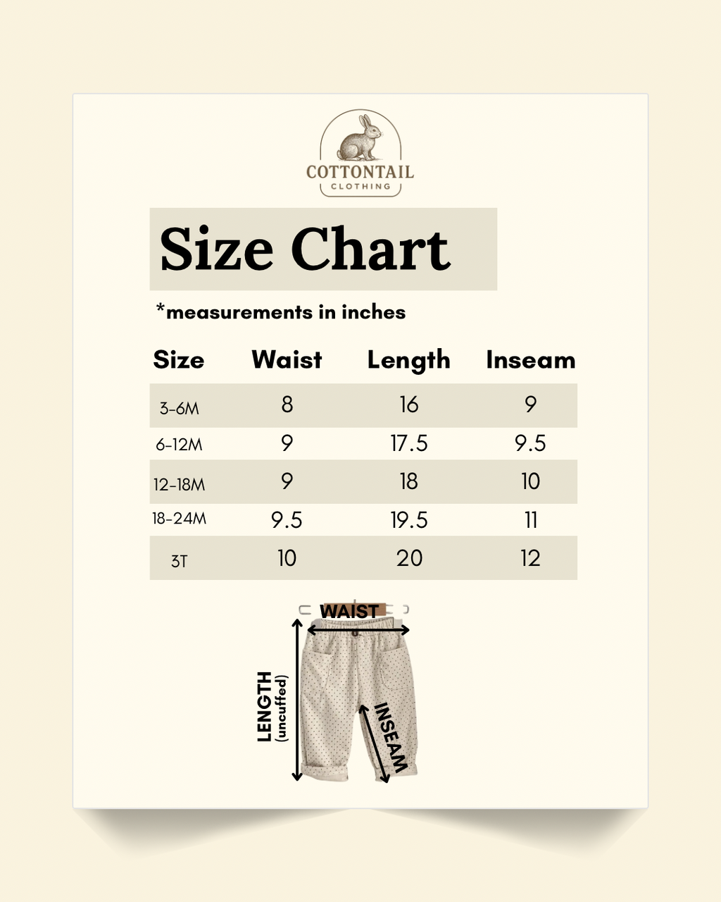 Size chart of polka dot corduroy pants in inches.length of pants is measured uncuffed: 3-6 months. Waist: 8, length: 16, inseam, 9. 6-12 months. Waist: 9, length: 17.5, inseam, 9.5. 12-18 months. Waist: 9, length: 18, inseam: 10. 18-24 months: Waist: 9.5, length: 19.5, inseam: 11. 3T: waist: 10 length: 20, inseam: 12.  