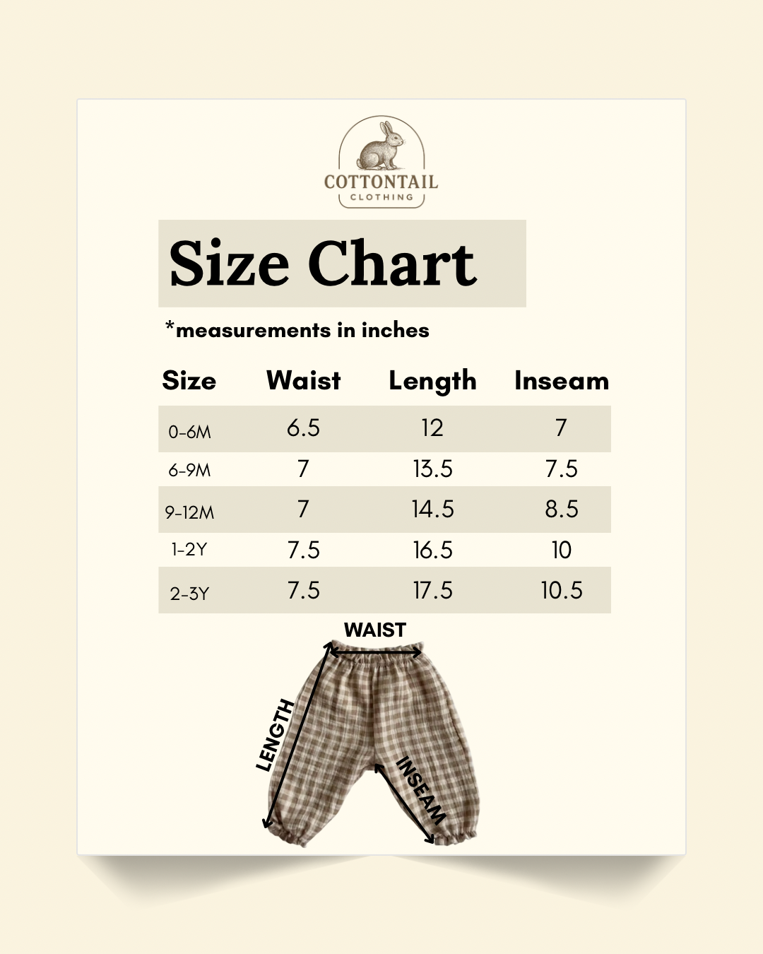 Size chart of gingham pants in inches: 0-6 months. Waist: 6.5, length: 12, inseam, 7. 6-9 months. Waist: 7, length: 13.5, inseam, 7.5. 9-12 months. Waist: 7, length: 14.5, inseam: 8.5. 1-2Y: Waist: 7.5, length: 16.5, inseam: 10. 2-3Y: waist: 7.5 length: 17.5, inseam: 10.5. 