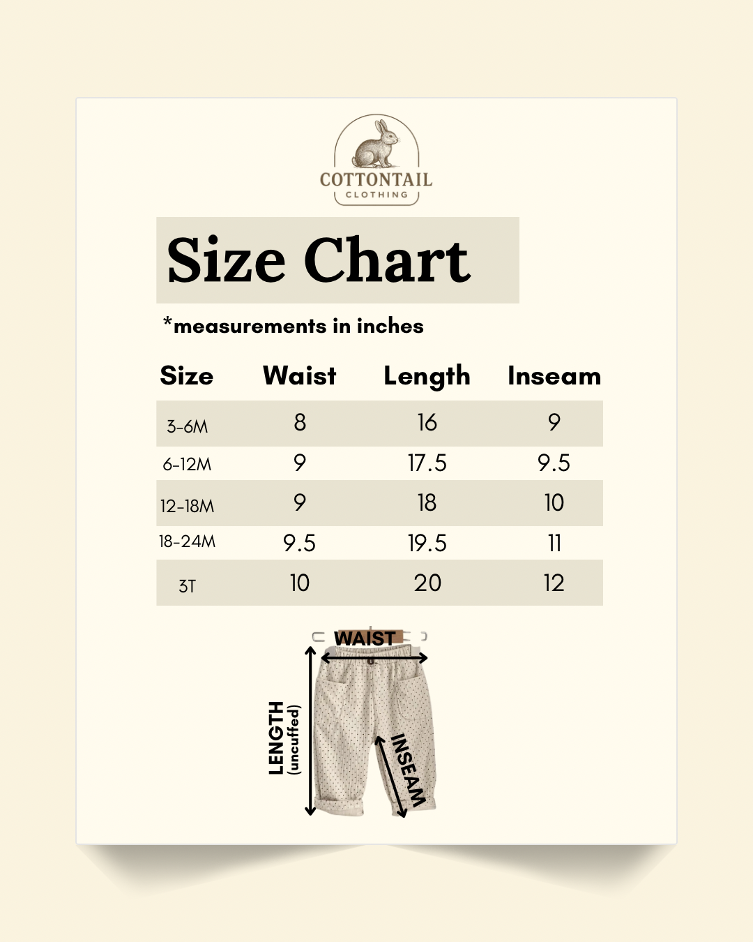 Size chart of polka dot corduroy pants in inches.length of pants is measured uncuffed: 3-6 months. Waist: 8, length: 16, inseam, 9. 6-12 months. Waist: 9, length: 17.5, inseam, 9.5. 12-18 months. Waist: 9, length: 18, inseam: 10. 18-24 months: Waist: 9.5, length: 19.5, inseam: 11. 3T: waist: 10 length: 20, inseam: 12.  