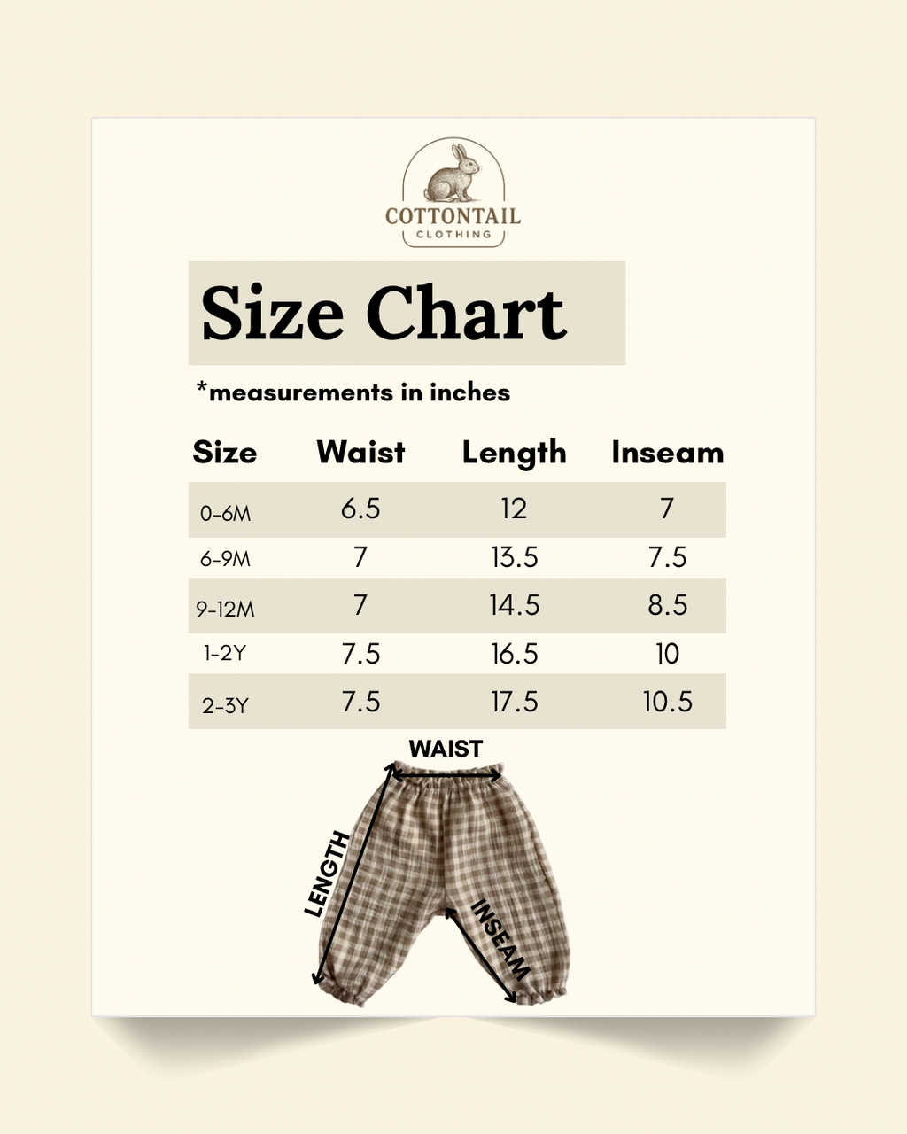Size chart of gingham pants in inches: 0-6 months. Waist: 6.5, length: 12, inseam, 7. 6-9 months. Waist: 7, length: 13.5, inseam, 7.5. 9-12 months. Waist: 7, length: 14.5, inseam: 8.5. 1-2Y: Waist: 7.5, length: 16.5, inseam: 10. 2-3Y: waist: 7.5 length: 17.5, inseam: 10.5. 