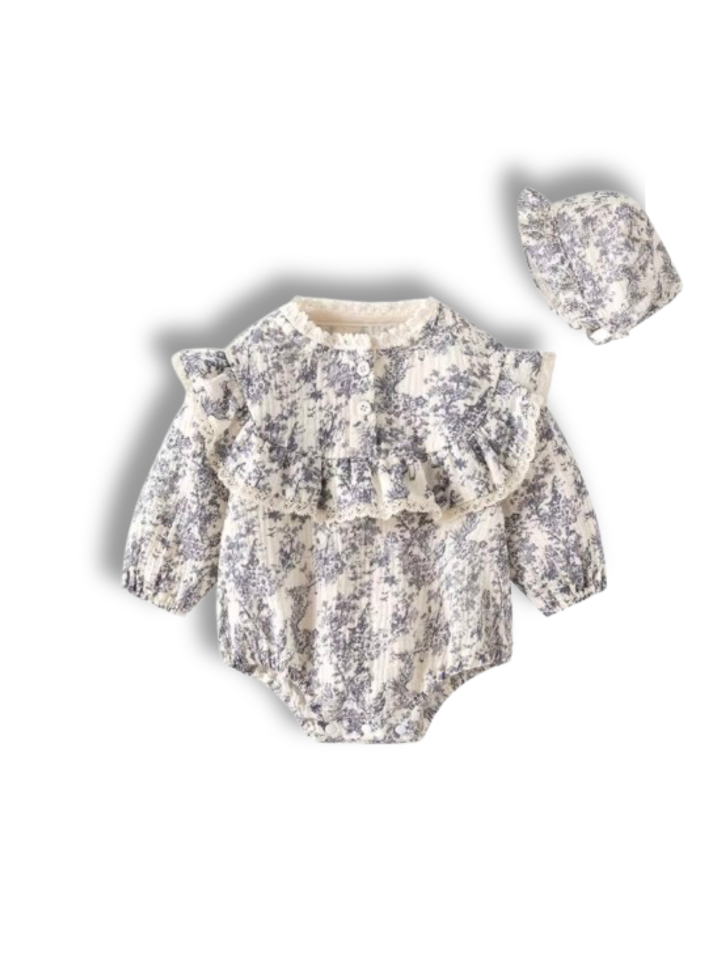 100% cotton Baby romper with blue gray floral pattern and matching hat on a white background