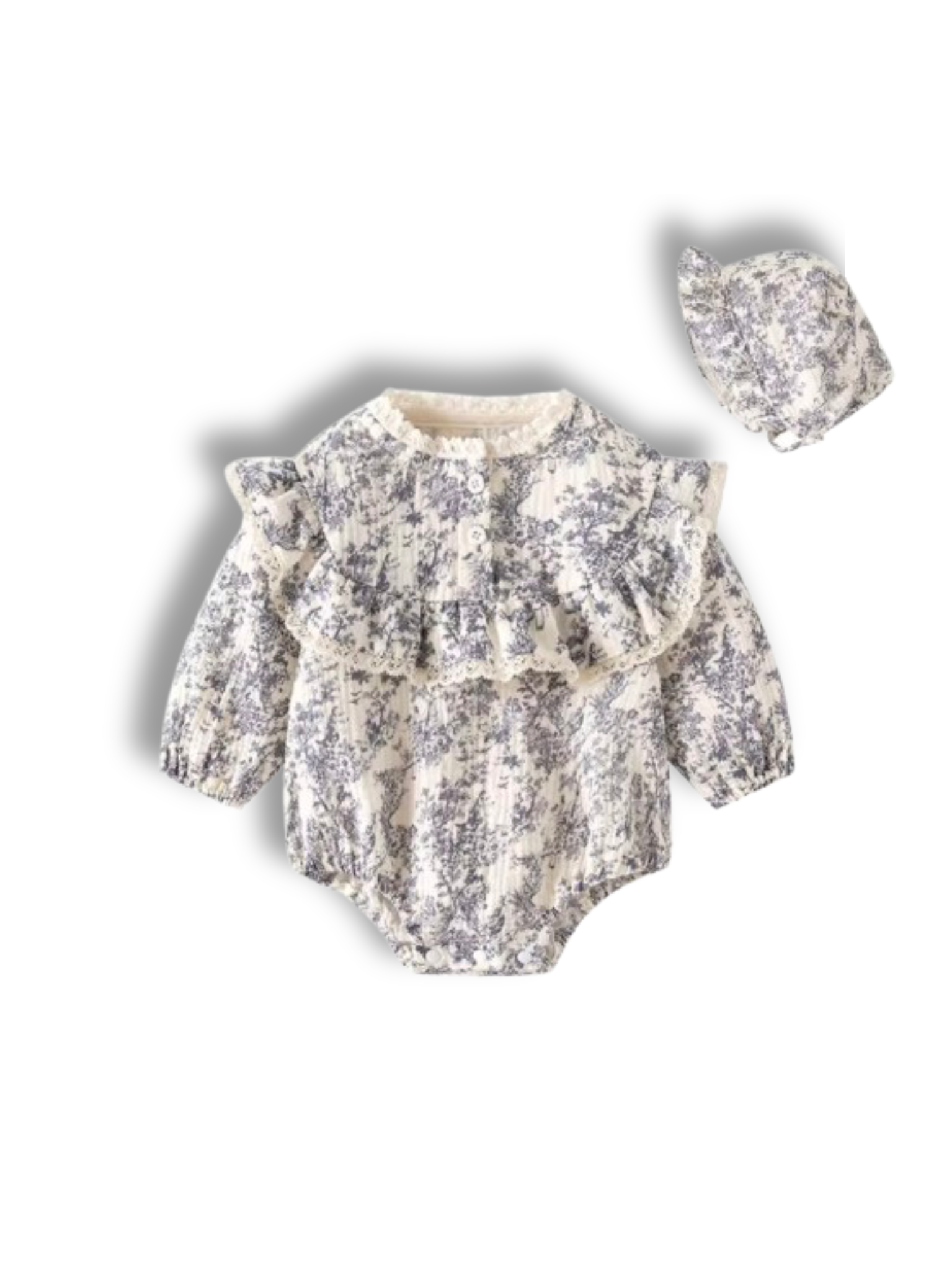 100% cotton Baby romper with blue gray floral pattern and matching hat on a white background